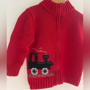 Oshkosh Zip-Up Cardigan Sweater, Very Soft, Embroidered Train, Fire Truck Red